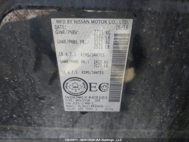 Продаж на аукціоні авто 2018 Nissan Pathfinder S/sv/sl/platinum, vin: 5N1DR2MM1JC669101, номер лоту: 12620871