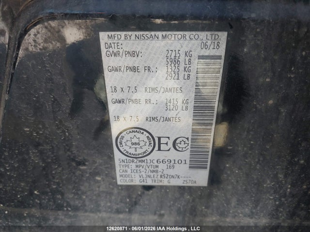 Продаж на аукціоні авто 2018 Nissan Pathfinder S/sv/sl/platinum, vin: 5N1DR2MM1JC669101, номер лоту: 12620871