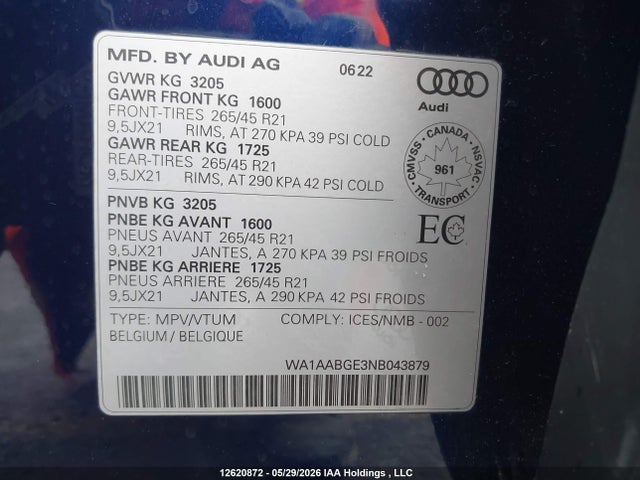 12620872 :رقم المزاد ، WA1AABGE3NB043879 vin ، 2022 Audi E-tron Premium مزاد بيع