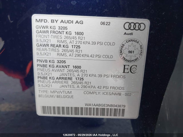 12620872 :رقم المزاد ، WA1AABGE3NB043879 vin ، 2022 Audi E-tron Premium مزاد بيع