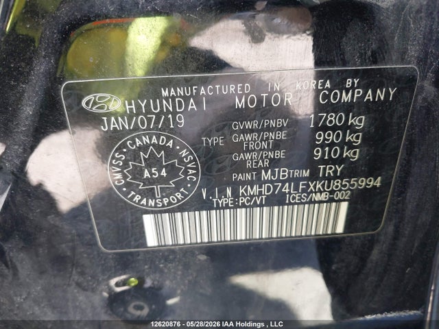 2019 Hyundai Elantra Se მანქანა იყიდება აუქციონზე, vin: KMHD74LFXKU855994, აუქციონის ნომერი: 12620876