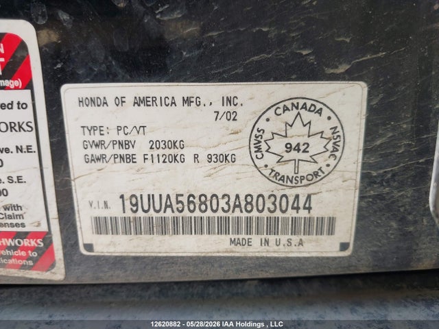 Продаж на аукціоні авто 2003 Acura 3.2tl Type-s, vin: 19UUA56803A803044, номер лоту: 12620882