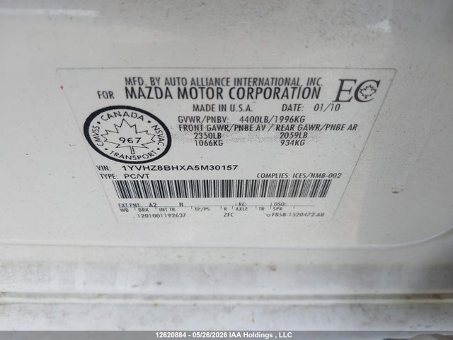 12620884 :رقم المزاد ، 1YVHZ8BHXA5M30157 vin ، 2010 Mazda Mazda6 Gs-i4 مزاد بيع