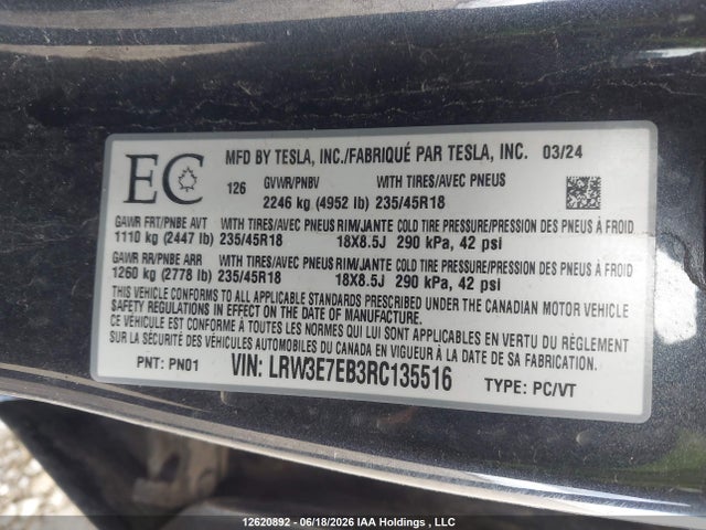 Tesla Model 3 Long Range 2024 LRW3E7EB3RC135516 Image 9