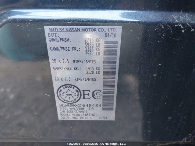 2016 Nissan Pathfinder S/sv/sl/platinum მანქანა იყიდება აუქციონზე, vin: 5N1AR2MMXGC648484, აუქციონის ნომერი: 12620905