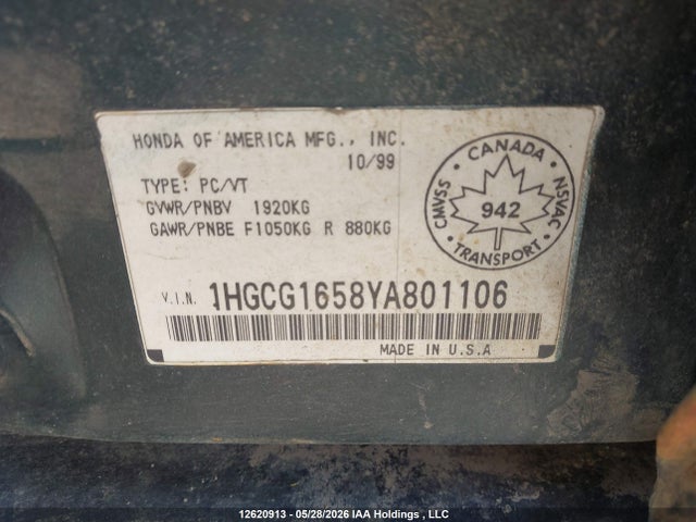 Продаж на аукціоні авто 2000 Honda Accord Ex, vin: 1HGCG1658YA801106, номер лоту: 12620913