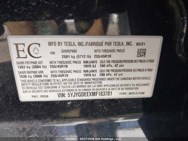 Продажа на аукционе авто 2021 Tesla Model Y, vin: 5YJYGDEEXMF183781, номер лота: 12620927