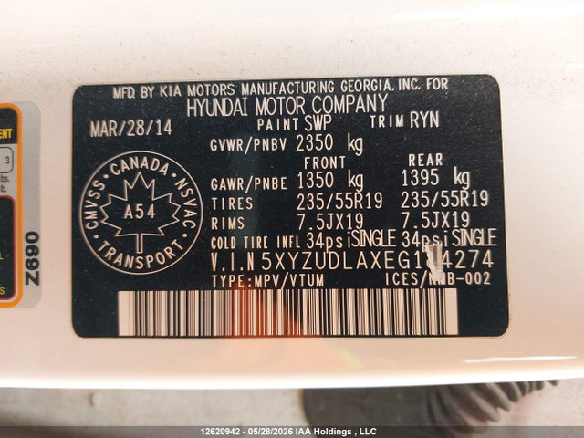 Продаж на аукціоні авто 2014 Hyundai Santa Fe, vin: 5XYZUDLAXEG184274, номер лоту: 12620942