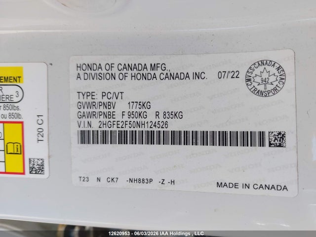 Продаж на аукціоні авто 2022 Honda Civic Sport, vin: 2HGFE2F50NH124526, номер лоту: 12620953