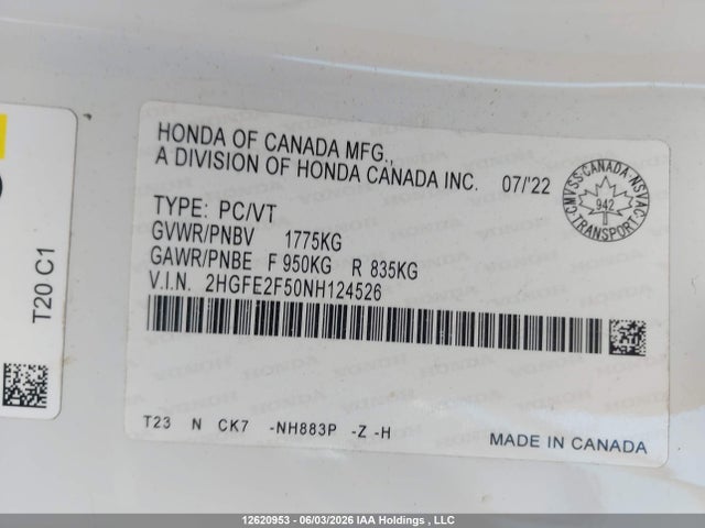 Продаж на аукціоні авто 2022 Honda Civic Sport, vin: 2HGFE2F50NH124526, номер лоту: 12620953