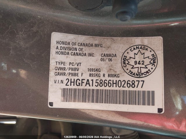 2006 Honda Civic Ex მანქანა იყიდება აუქციონზე, vin: 2HGFA15866H026877, აუქციონის ნომერი: 12620959