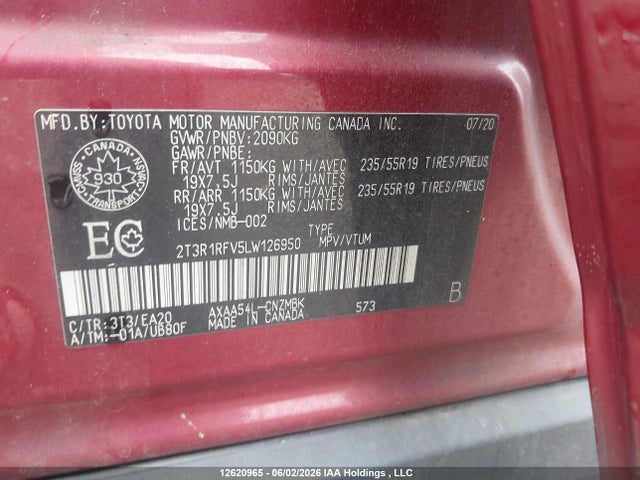12620965 :رقم المزاد ، 2T3R1RFV5LW126950 vin ، 2020 Toyota Rav4 Xle/xle Premium مزاد بيع