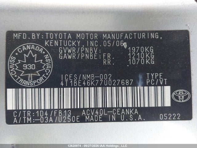 Продажа на аукционе авто 2007 Toyota Camry Le/se, vin: 4T1BE46K77U027687, номер лота: 12620974