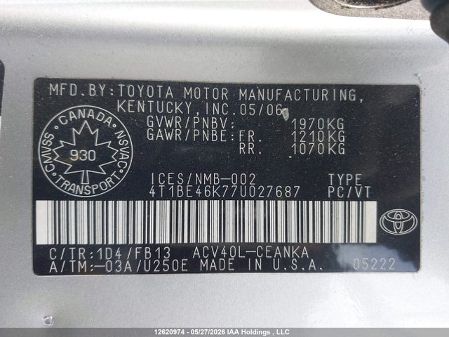 Продажа на аукционе авто 2007 Toyota Camry Le/se, vin: 4T1BE46K77U027687, номер лота: 12620974