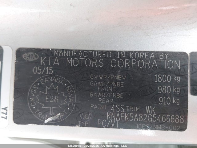 12620975 :رقم المزاد ، KNAFK5A82G5466688 vin ، 2016 Kia Forte 2.0l Ex/2.0l Lx+ مزاد بيع