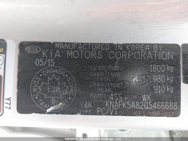 12620975 :رقم المزاد ، KNAFK5A82G5466688 vin ، 2016 Kia Forte 2.0l Ex/2.0l Lx+ مزاد بيع