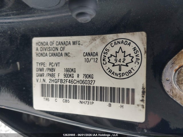Продаж на аукціоні авто 2012 Honda Civic Lx, vin: 2HGFB2F46CH060327, номер лоту: 12620985