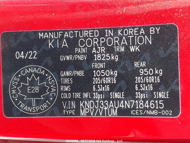 12620989 :رقم المزاد ، KNDJ33AU4N7184615 vin ، 2022 Kia Soul Ex مزاد بيع