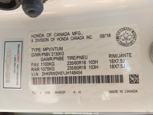 12620993 :رقم المزاد ، 2HKRW2H51JH148454 vin ، 2018 Honda Cr-v Ex مزاد بيع
