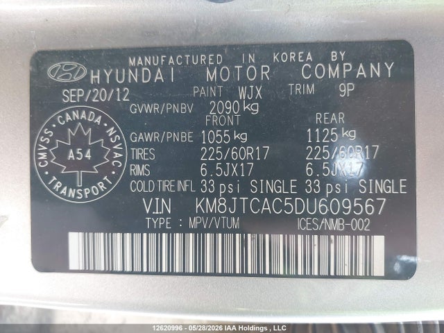 Aukcja sprzedaży 2013 Hyundai Tucson Gl, vin: KM8JTCAC5DU609567, numer aukcji: 12620996
