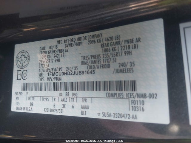 1FMCU0HD2JUB91645 Ford ESCAPE SEL