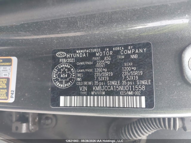 12621003 :رقم المزاد ، KM8JCCA15NU011558 vin ، 2022 Hyundai Tucson Luxury/ultimate مزاد بيع