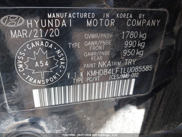 2020 Hyundai Elantra Luxury მანქანა იყიდება აუქციონზე, vin: KMHD84LF1LU085585, აუქციონის ნომერი: 12621006
