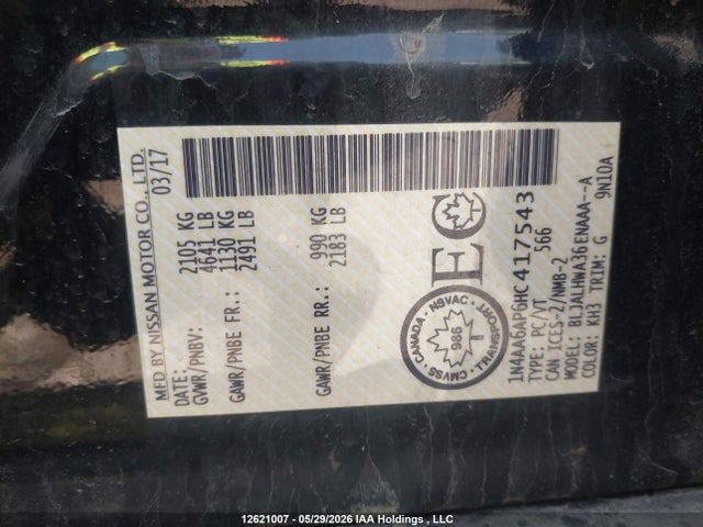 12621007 :رقم المزاد ، 1N4AA6AP6HC417543 vin ، 2017 Nissan Maxima Platinum/s/sl/sr/sv مزاد بيع