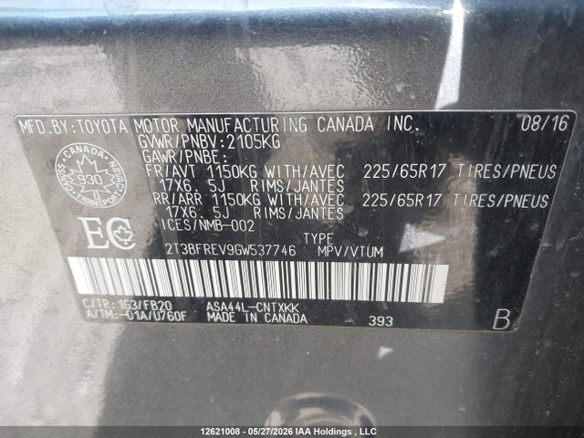 Aukcja sprzedaży 2016 Toyota Rav4 Le, vin: 2T3BFREV9GW537746, numer aukcji: 12621008