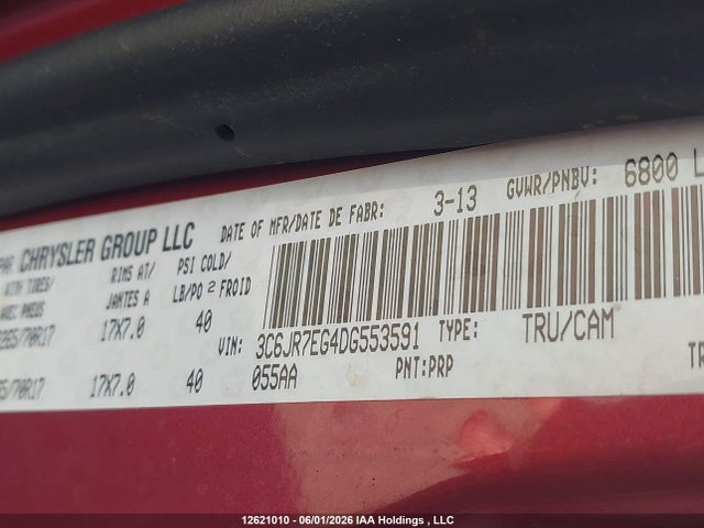 12621010 :رقم المزاد ، 3C6JR7EG4DG553591 vin ، 2013 Ram 1500 Slt مزاد بيع