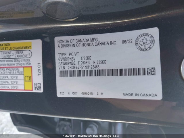 Продажа на аукционе авто 2022 Honda Civic, vin: 2HGFE2F51NH123465, номер лота: 12621011