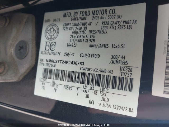 2019 Ford Transit Connect Xlt მანქანა იყიდება აუქციონზე, vin: NM0LS7T24K1430783, აუქციონის ნომერი: 12621012