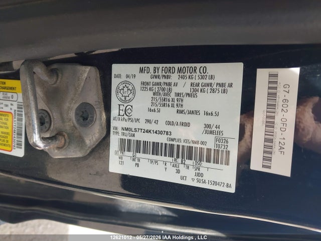2019 Ford Transit Connect Xlt მანქანა იყიდება აუქციონზე, vin: NM0LS7T24K1430783, აუქციონის ნომერი: 12621012