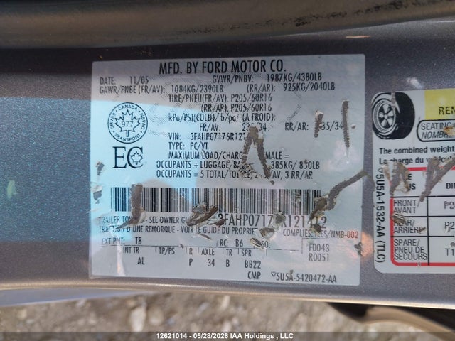 Продажа на аукционе авто 2006 Ford Fusion Se, vin: 3FAHP07176R121412, номер лота: 12621014