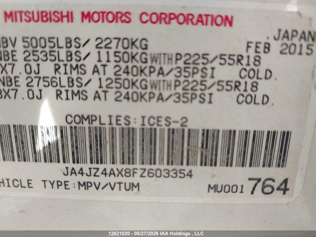 2015 Mitsubishi Outlander Gt მანქანა იყიდება აუქციონზე, vin: JA4JZ4AX8FZ603354, აუქციონის ნომერი: 12621020