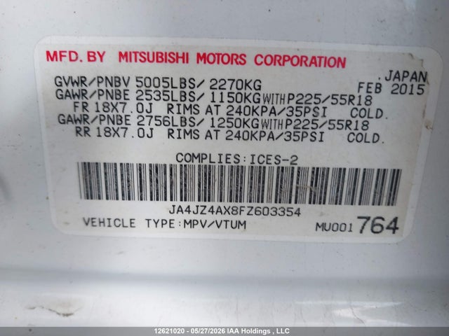 2015 Mitsubishi Outlander Gt მანქანა იყიდება აუქციონზე, vin: JA4JZ4AX8FZ603354, აუქციონის ნომერი: 12621020