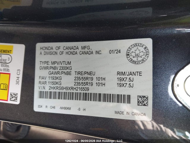 2024 Honda Cr-v Touring Hybrid მანქანა იყიდება აუქციონზე, vin: 2HKRS6H9XRH216509, აუქციონის ნომერი: 12621024