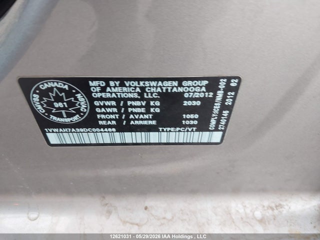Продаж на аукціоні авто 2013 Volkswagen Passat 2.5l Trendline, vin: 1VWAH7A39DC004466, номер лоту: 12621031