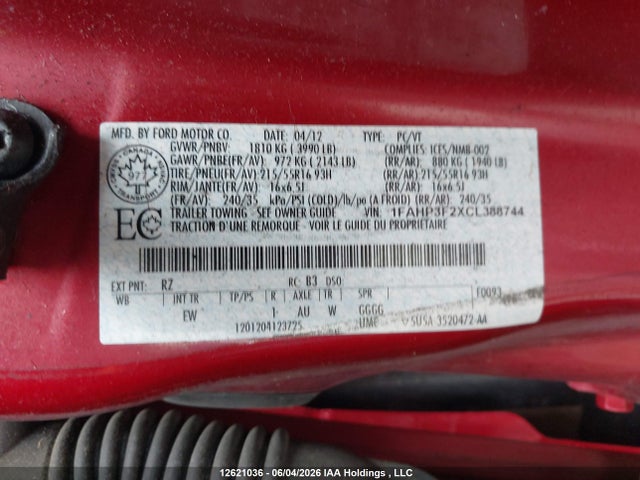 Продаж на аукціоні авто 2012 Ford Focus Se, vin: 1FAHP3F2XCL388744, номер лоту: 12621036