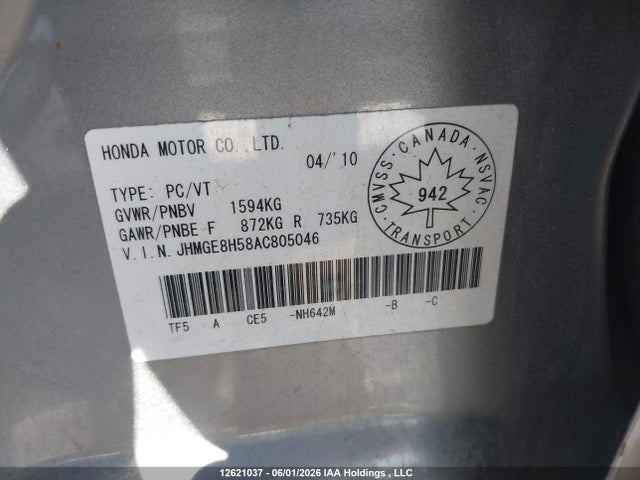 12621037 :رقم المزاد ، JHMGE8H58AC805046 vin ، 2010 Honda Fit Lx مزاد بيع