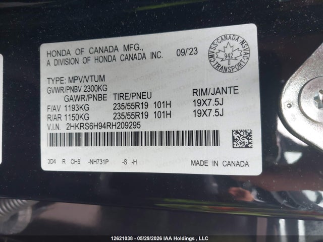 2024 Honda Cr-v Sport Touring მანქანა იყიდება აუქციონზე, vin: 2HKRS6H94RH209295, აუქციონის ნომერი: 12621038
