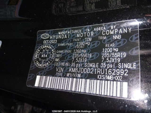 2024 Hyundai Tucson Ultimate Plug-in Hybrid Awd მანქანა იყიდება აუქციონზე, vin: KM8JDDD21RU162992, აუქციონის ნომერი: 12561987