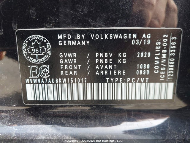 12621046 :رقم المزاد ، WVWVA7AU6KW151017 vin ، 2019 Volkswagen Golf R مزاد بيع