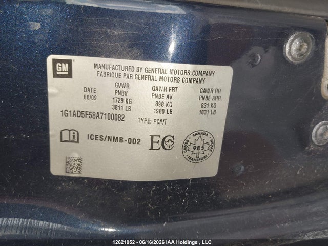 2010 Chevrolet Cobalt Lt მანქანა იყიდება აუქციონზე, vin: 1G1AD5F58A7100082, აუქციონის ნომერი: 12621052