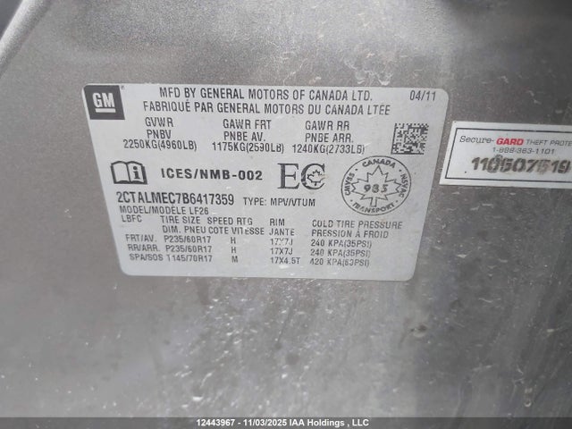 Aukcja sprzedaży 2011 Gmc Terrain Sle-1, vin: 2CTALMEC7B6417359, numer aukcji: 12443967