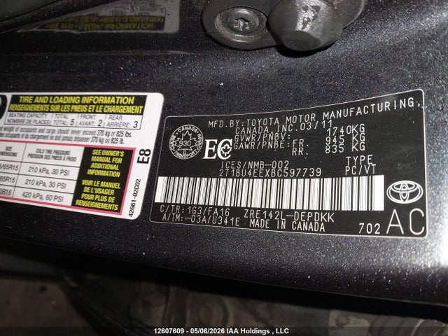Продажа на аукционе авто 2011 Toyota Corolla Ce, vin: 2T1BU4EEXBC597739, номер лота: 12607609