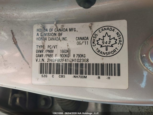 12621058 :رقم المزاد ، 2HGFB2F41CH102368 vin ، 2012 Honda Civic مزاد بيع