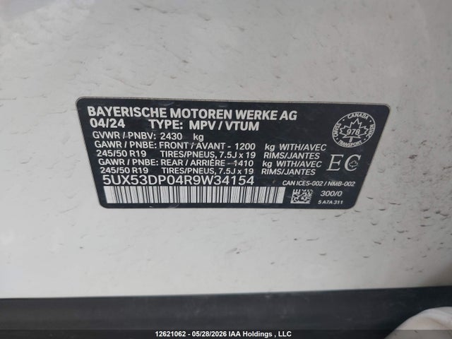 2024 Bmw X3 Xdrive30i მანქანა იყიდება აუქციონზე, vin: 5UX53DP04R9W34154, აუქციონის ნომერი: 12621062