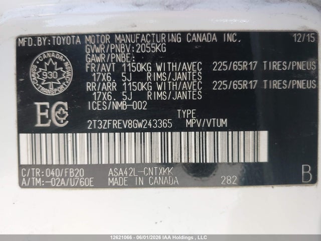 12621066 :رقم المزاد ، 2T3ZFREV8GW243365 vin ، 2016 Toyota Rav4 Le مزاد بيع