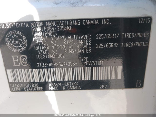 12621066 :رقم المزاد ، 2T3ZFREV8GW243365 vin ، 2016 Toyota Rav4 Le مزاد بيع